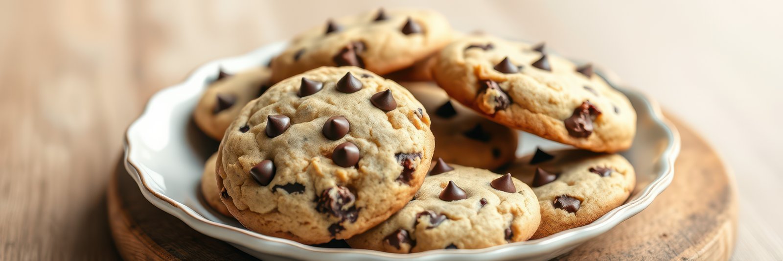 Freshly baked chocolate chip cookies on a wooden table ready to be enjoyed with a glass of milk